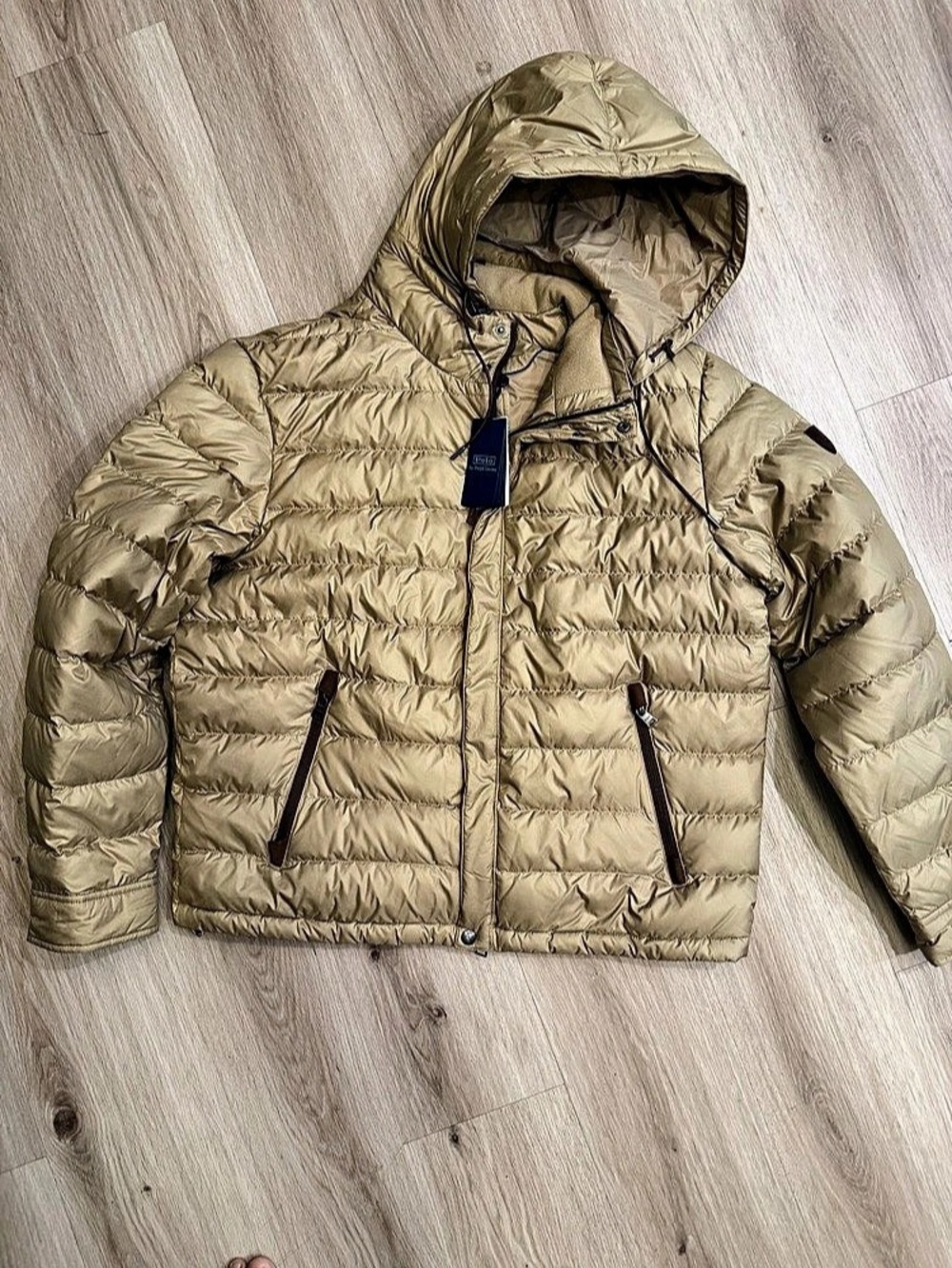 Polo Ralph Lauren The Colden Packable Down Jacket Quilted Hooded Puffer in Tan